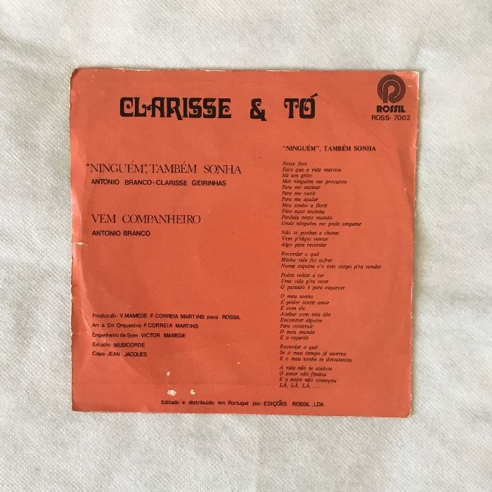 Vinil single Clarisse & Tó