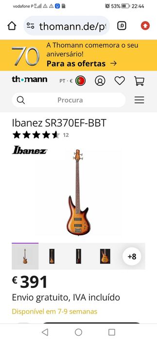 Baixo Fretless - 4 Cordas - Ibanez SR370EF BBT - €280