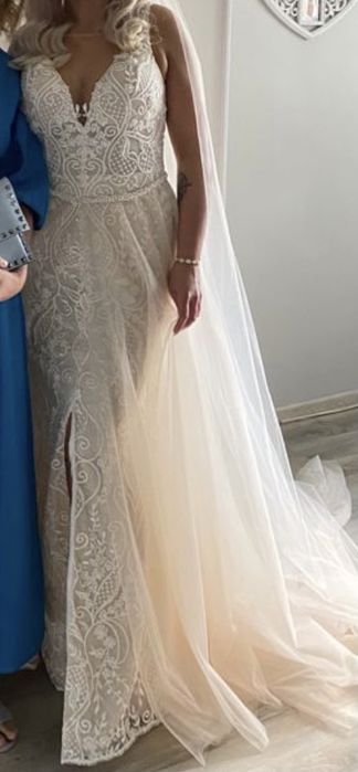 Suknia ślubna syrenka dopasowana ręcznie zdobiona tren+welon 3 metrowy