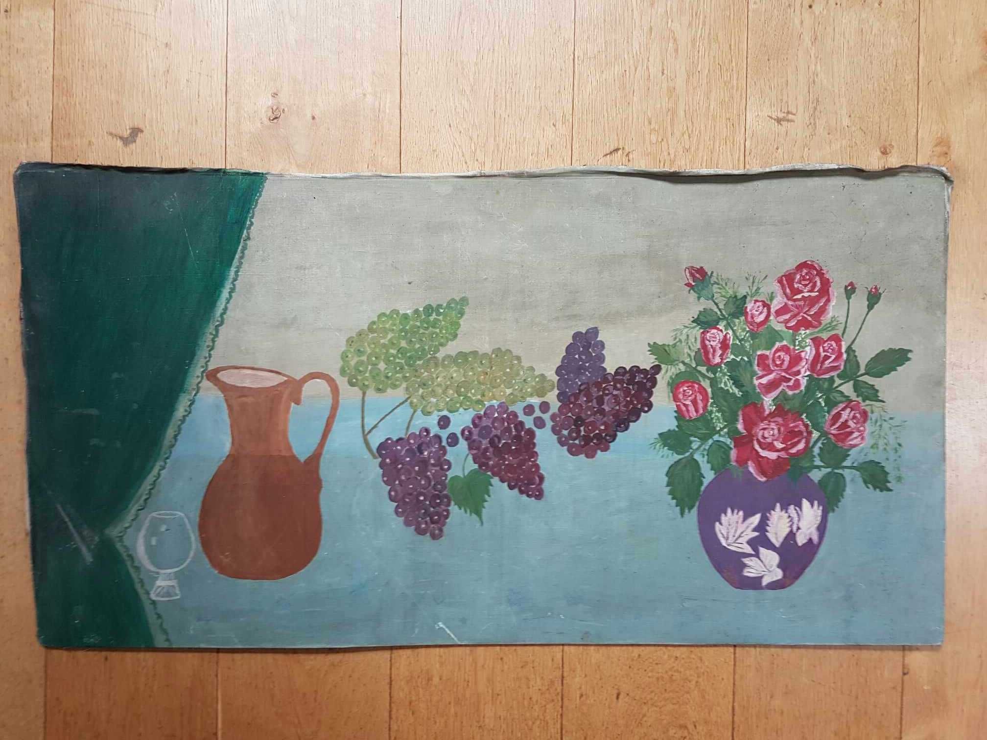 Obraz stary malowany na płótnie Winogrona i Róże BEZ RAMY 102x53