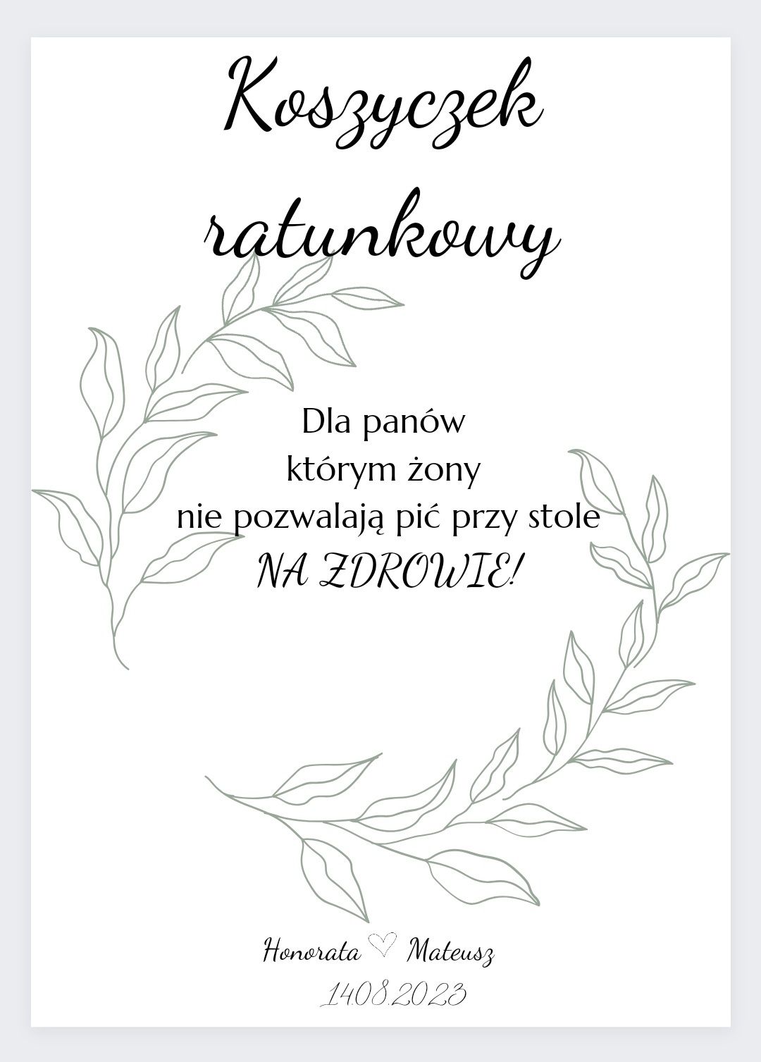 Koszyczek ratunkowy śmieszny napis na wesele ślub przyjęcie wzór pdf