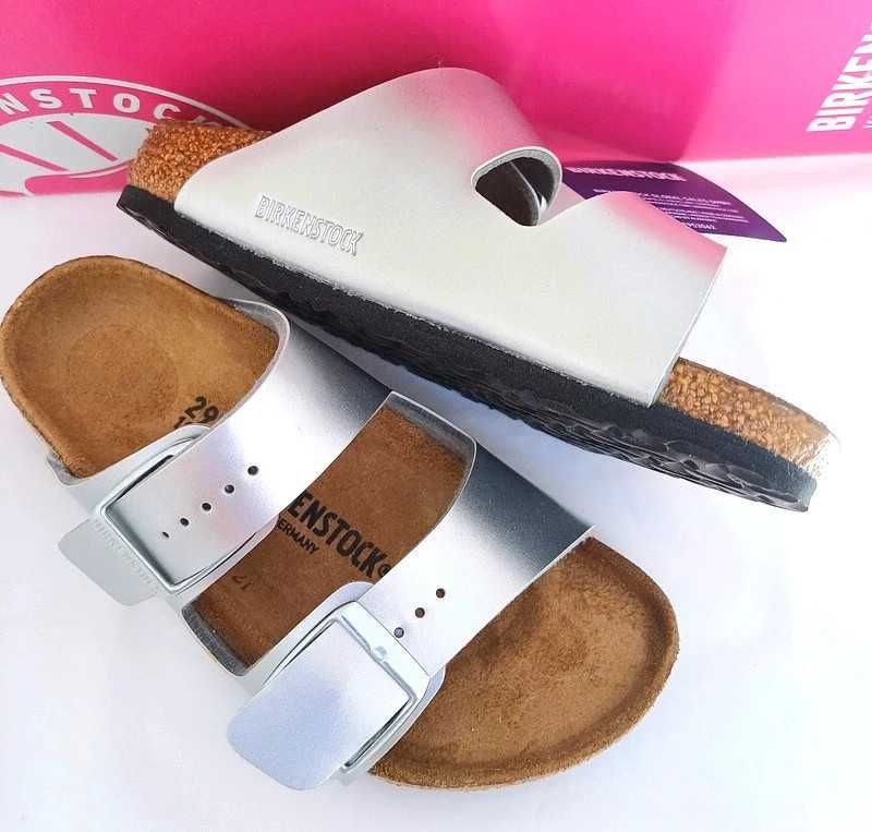 Birkenstock Arizona 29 klapki sandałki skórzane srebrne