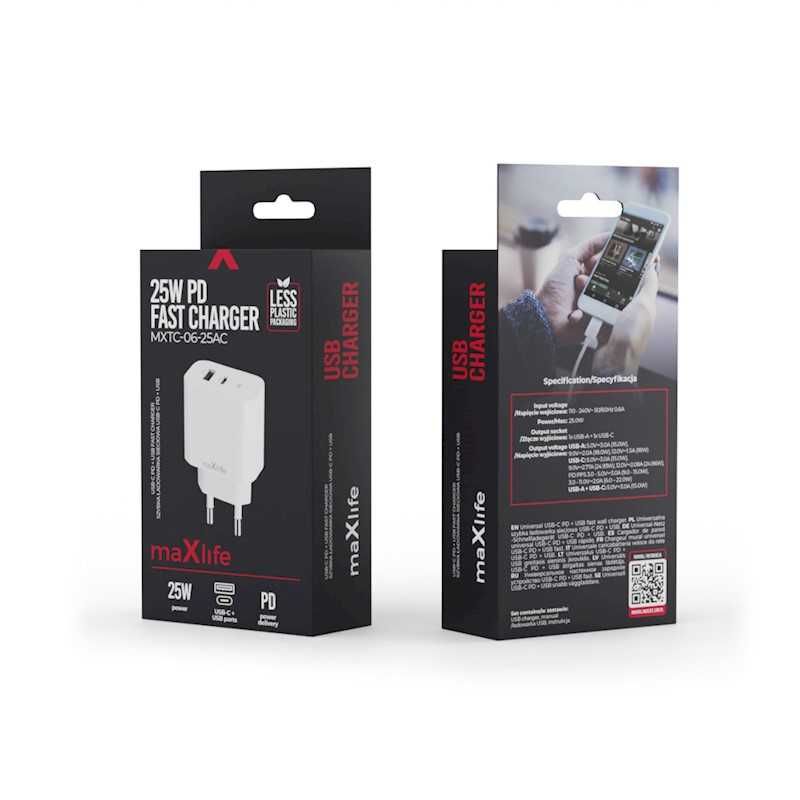 Maxlife ładowarka sieciowa PD QC MXTC-06-25AC 1x USB-C 1xUSB 25W biała