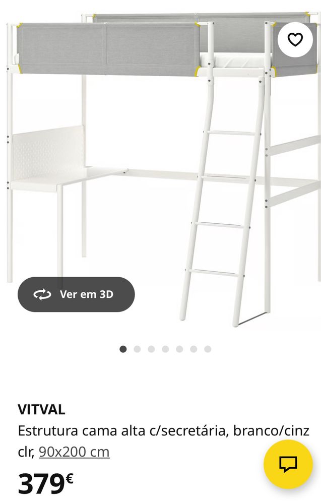 VITVAL Estrutura cama alta c/secretária, branco/cinz clr, 90x200 cm