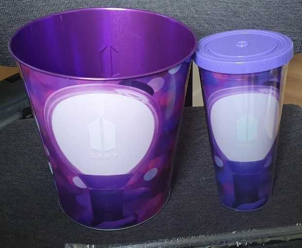BTS metalowy kubełek  + kubek z pokrywką i słomką - IDEALNY STAN