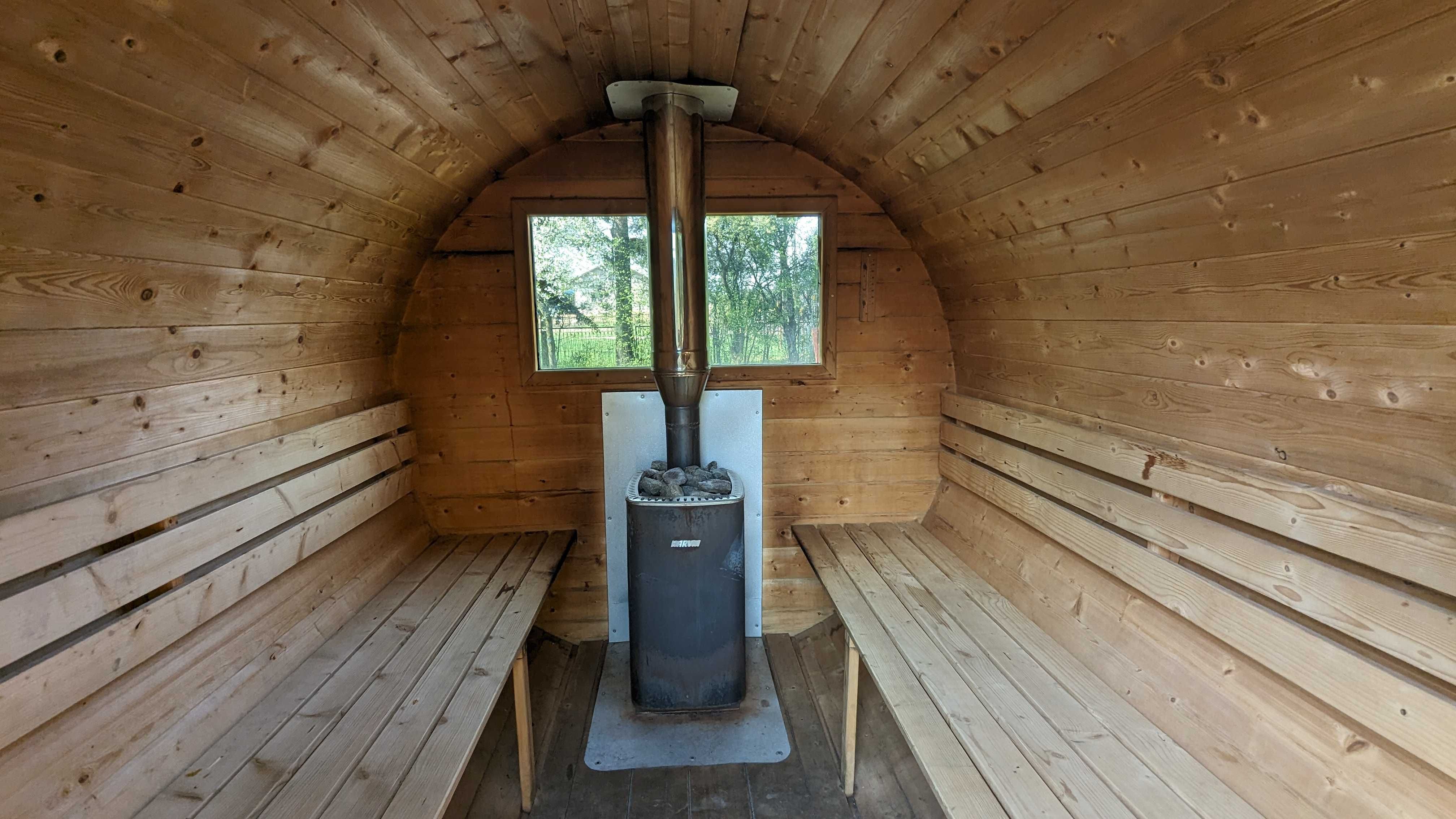 Sauna ogrodowa z piecem na drewno beczka