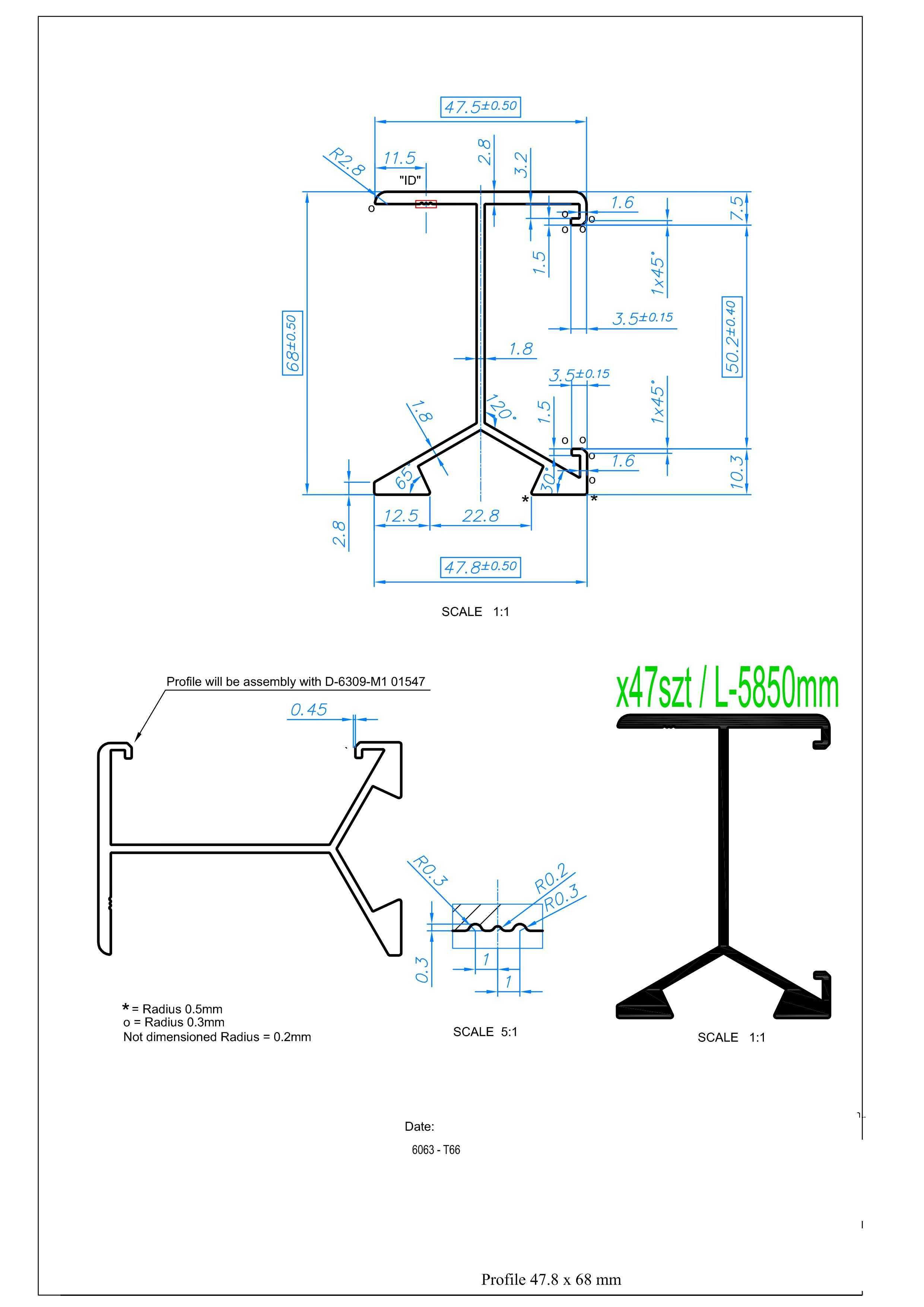 Profile aluminiowe dł. L-5,85mb (48x68mm ) x139szt _TANIO