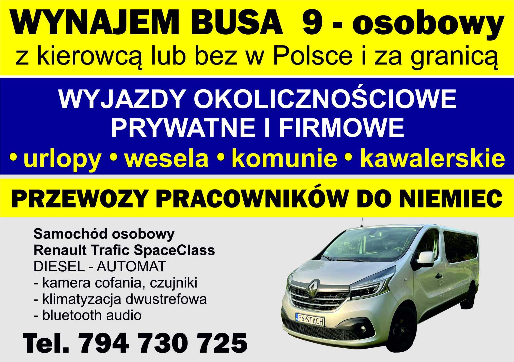 WYNAJMĘ busa  RENAULT Trafic 9 osobowy AUTOMAT