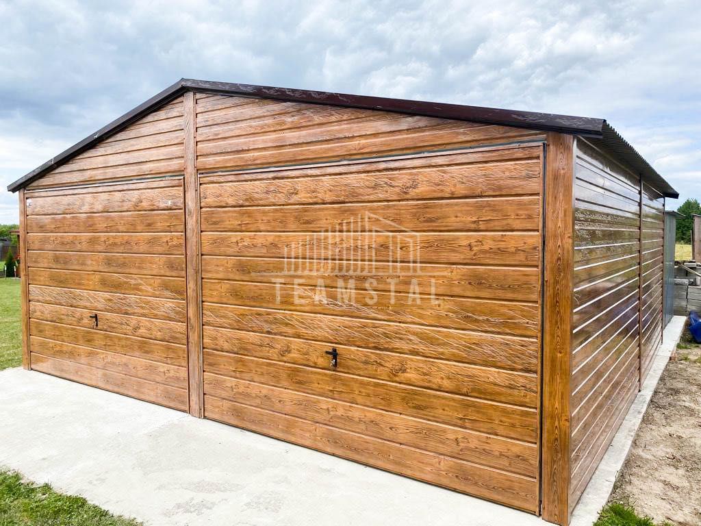 Garaż Blaszany 6x5 2x Brama - drzwi - okno - Drewnopodobny TS188