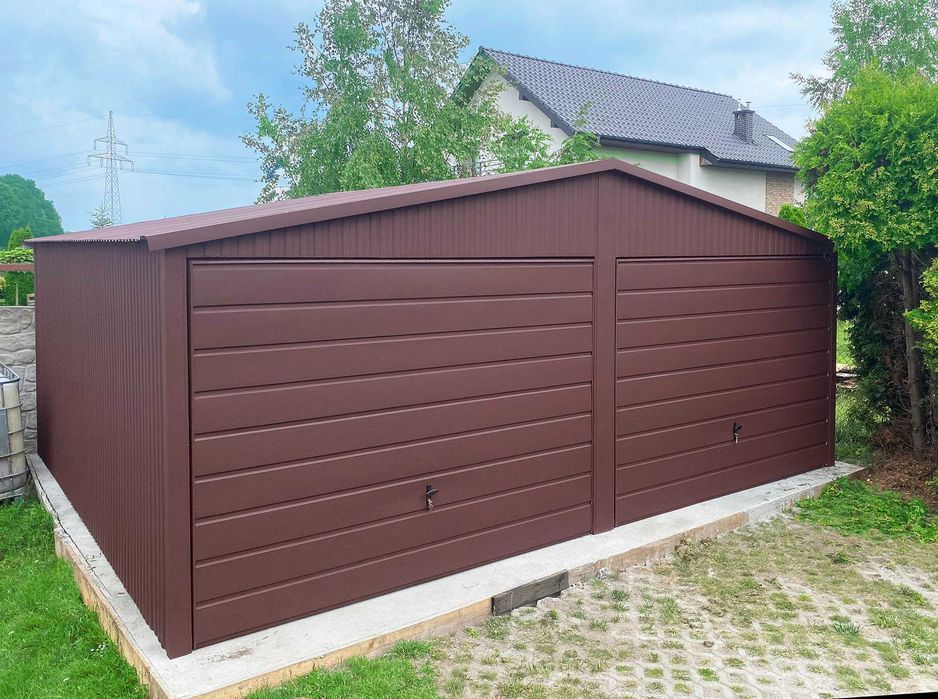 Garaż Blaszany 6x6 PREMIUM Brąz Mat RAL 8017 Dwuspadowy 2 Bramy