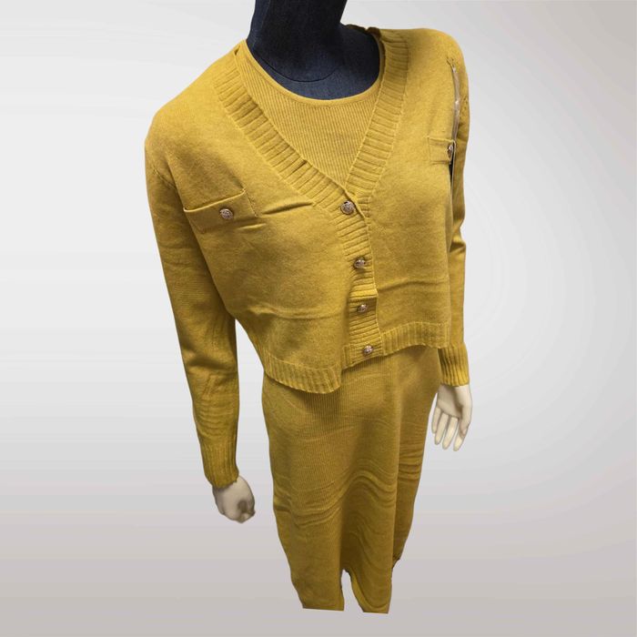 Zimowy Komplet Dzianinowy Sukienka + Sweter Żółty   S M