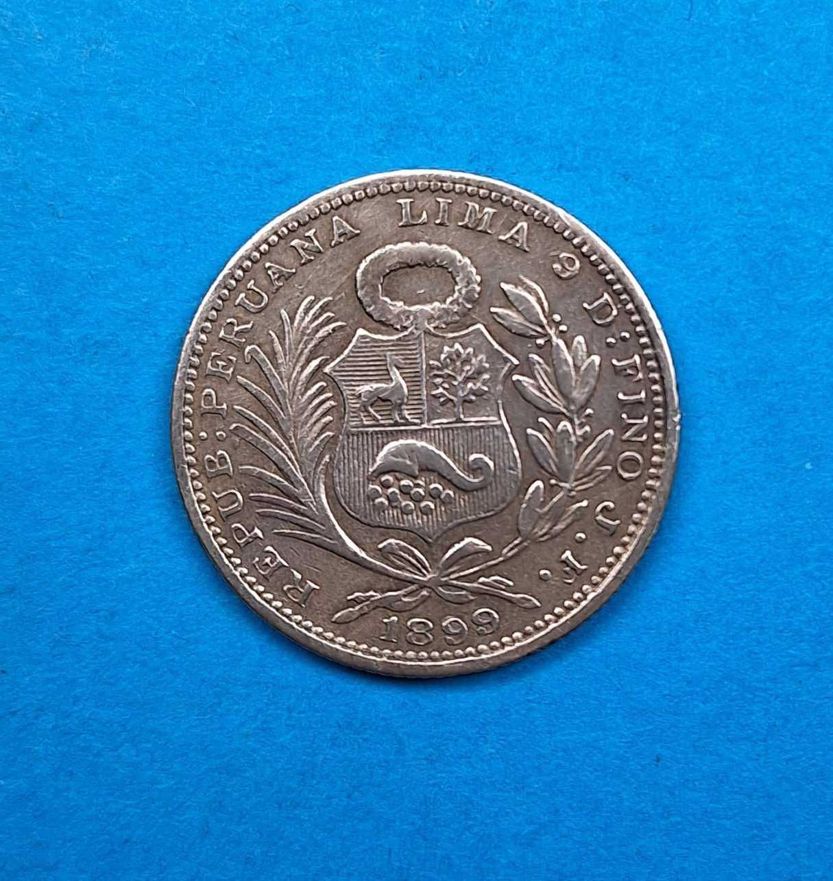 Peru 1/5 sola rok 1899, bardzo dobry stan, srebro 0,900