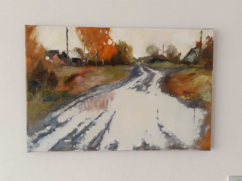 Pejzaż z kałużą. Obraz olejny na płótnie. Grażyna Rodziewicz