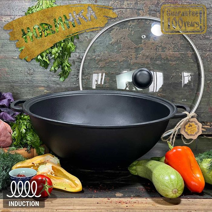 Казан 8л чавунний , Ø34см узбецький WOK, кришка скло (Т405С3)