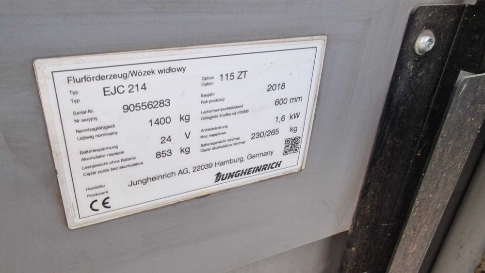 Elektryczny paleciak masztowy Jungheinrich EJC 214 widły 140cm 2018r
