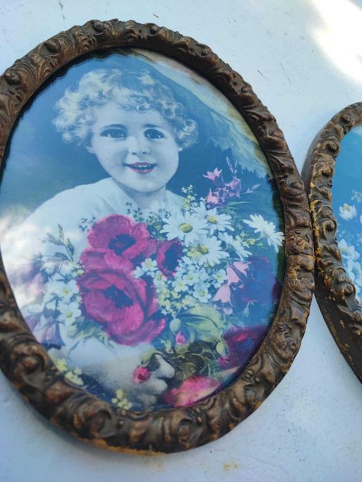 Art deco,2 obrazki,obrazek,dzieci z kwiatami,lata 40-50