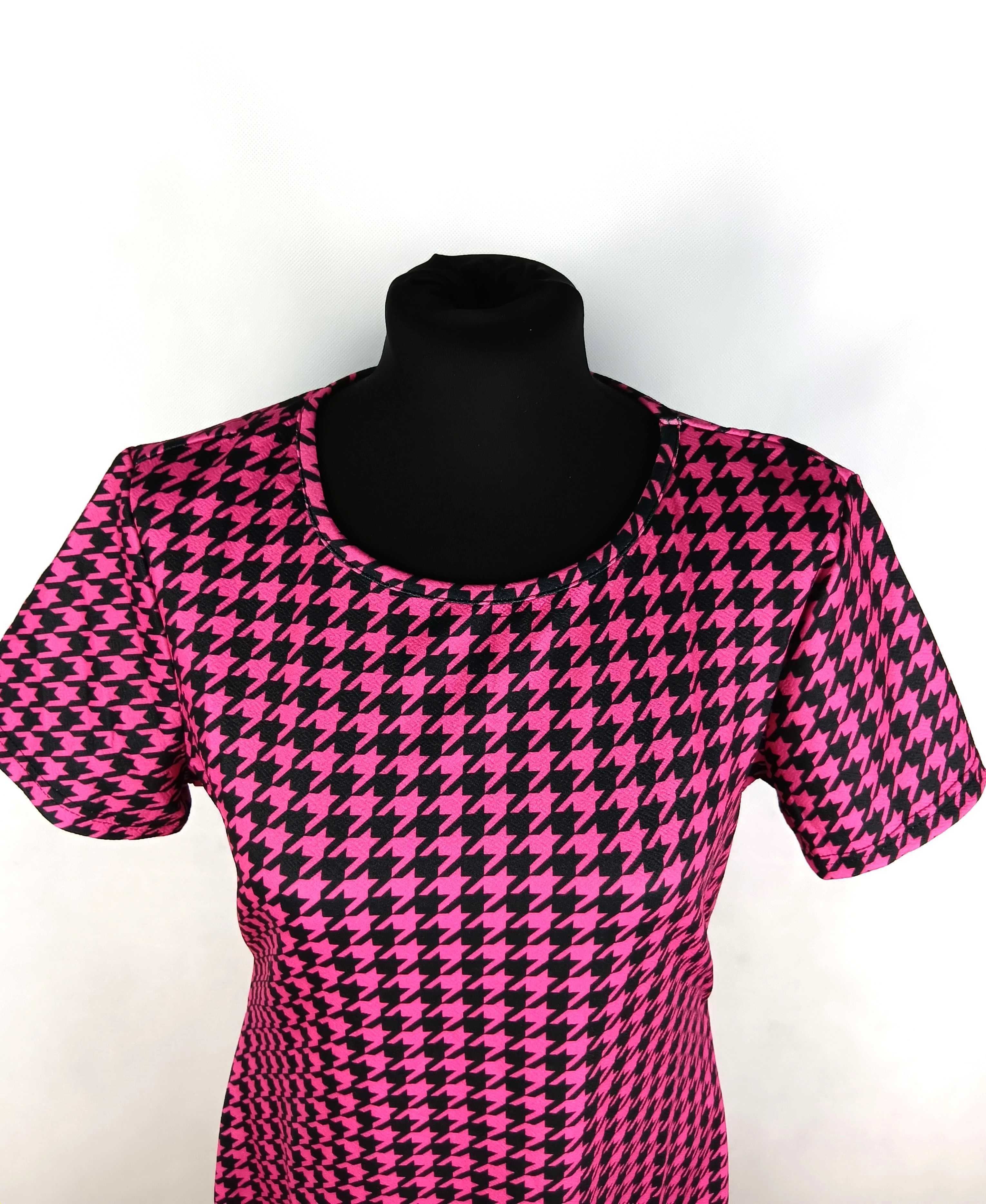 Nowa różowo czarna wzorzysta sukienka z krótkim rękawem rozmiar L/40