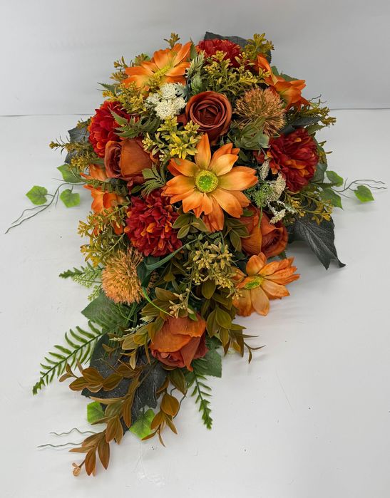 Stroik nagrobny jesienny rękodzieło w obciążonej okrągłej osłonce