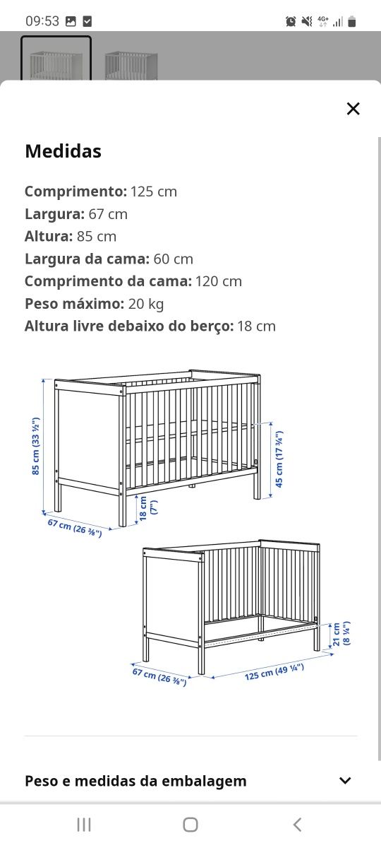 Berço  cor branca 60x120 cm