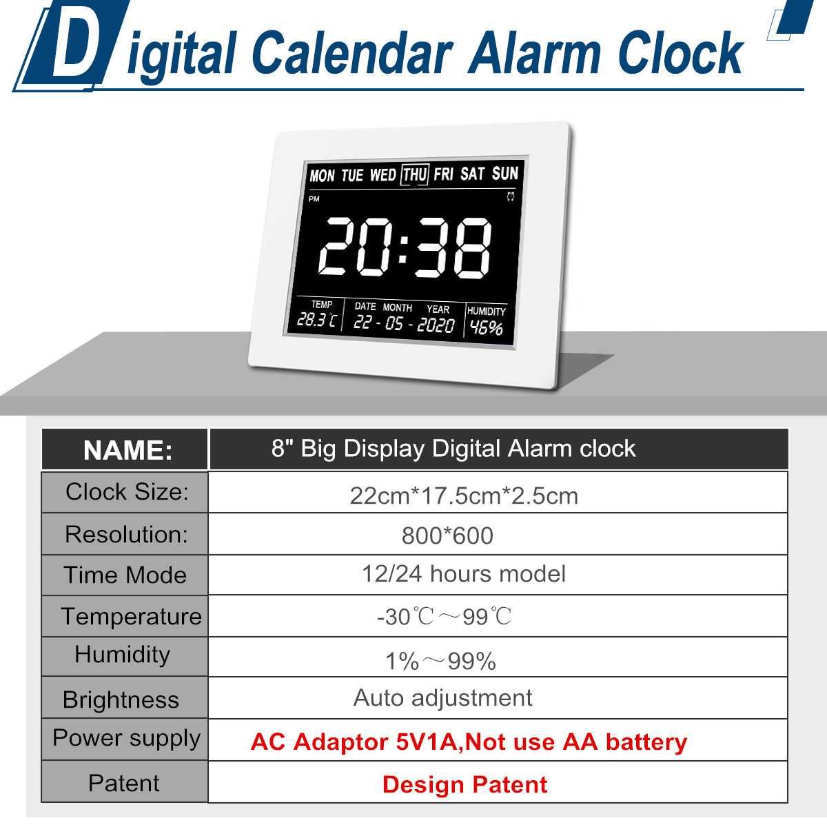 Cyfrowy Zegar Z Kalendarzem 8" LCD Duży Ekran Temperatura Wilgotność