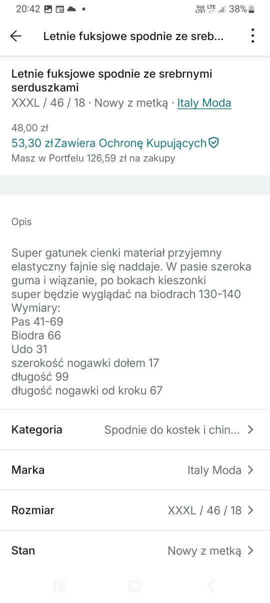 Spodnie letnie damskie fuksja z serduszkami rozmiar 46 .Nowe z metka