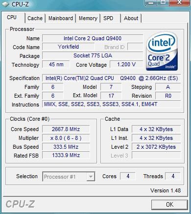 Intel Q9400 2.66 Ghz, 4 ядра, s775