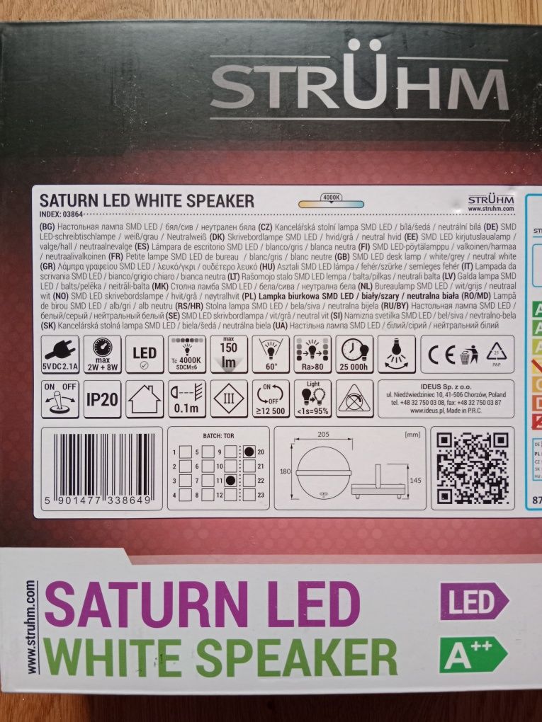 3w1 Lampka ładowarka głośnik biała SATURN LED 10W 5V DIM