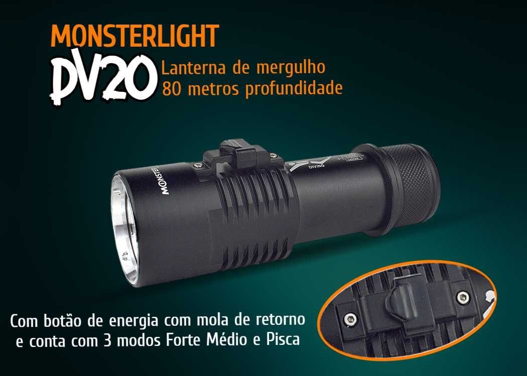 Kit lanterna mergulho MonsterLight DV20 com bateria recarregável
