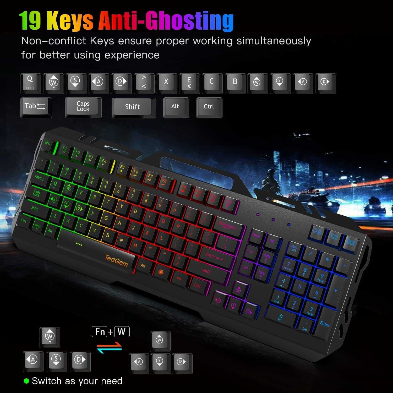TedGem C0141 Klawiatura hybrydowa przewodowa gamingowa RGB dla graczy
