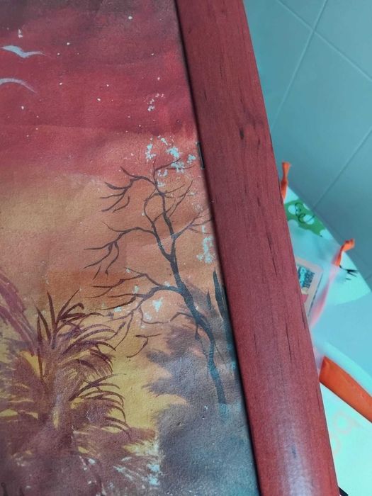 Pintura com moldura de madeira e vidro, assinado