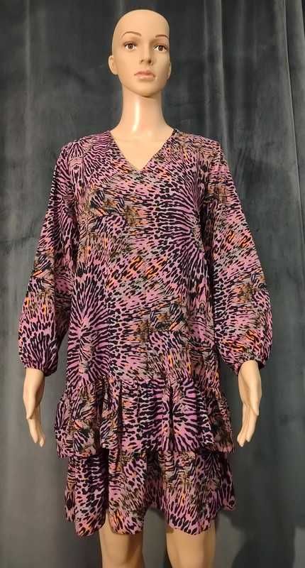 XS S M sukienka boho animal print falbany na 2 sposoby wiskoza jakość