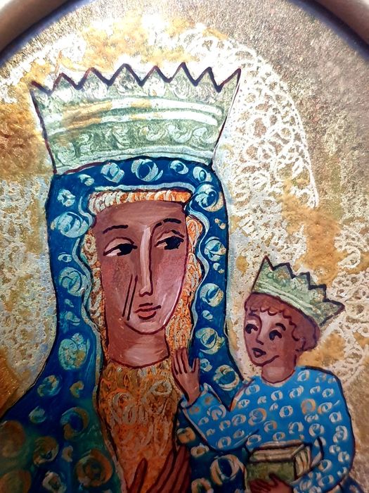 Linda pintura reversa sobre vidro "Nossa Senhora com o Menino"