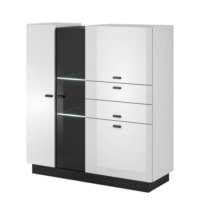 Komplet mebli w białym połysku. Stół, witryna i szafka RTV