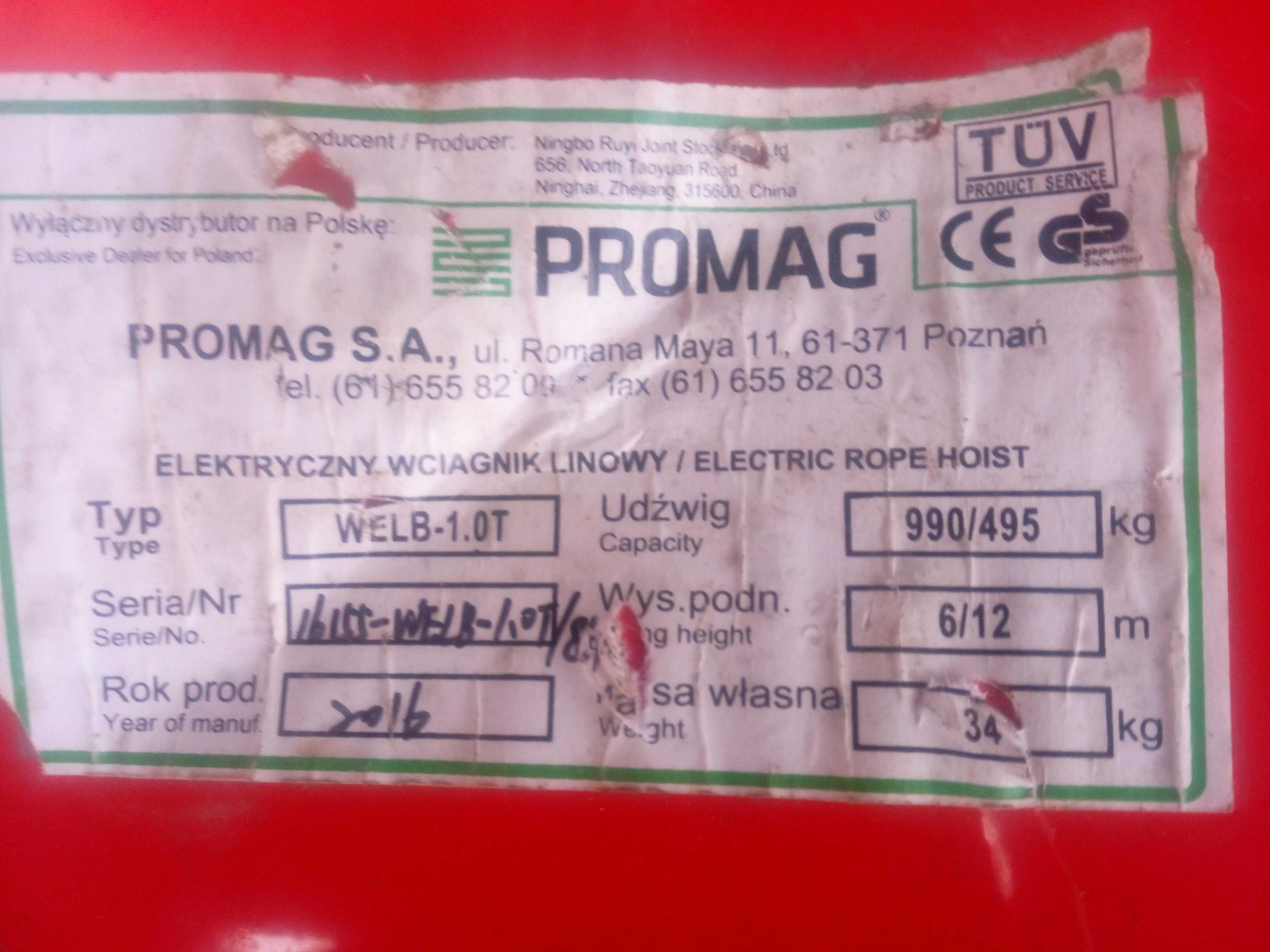 Stacjonarny wciągnik elektryczny linowy o udźwigu (990/495 kg) PROMAG