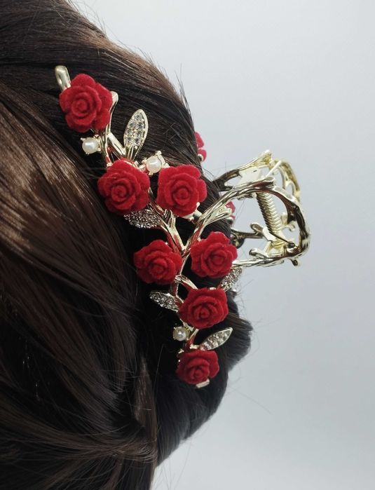 Elegancka klamra do włosów "Róże" - kwiaty, złoty motyw