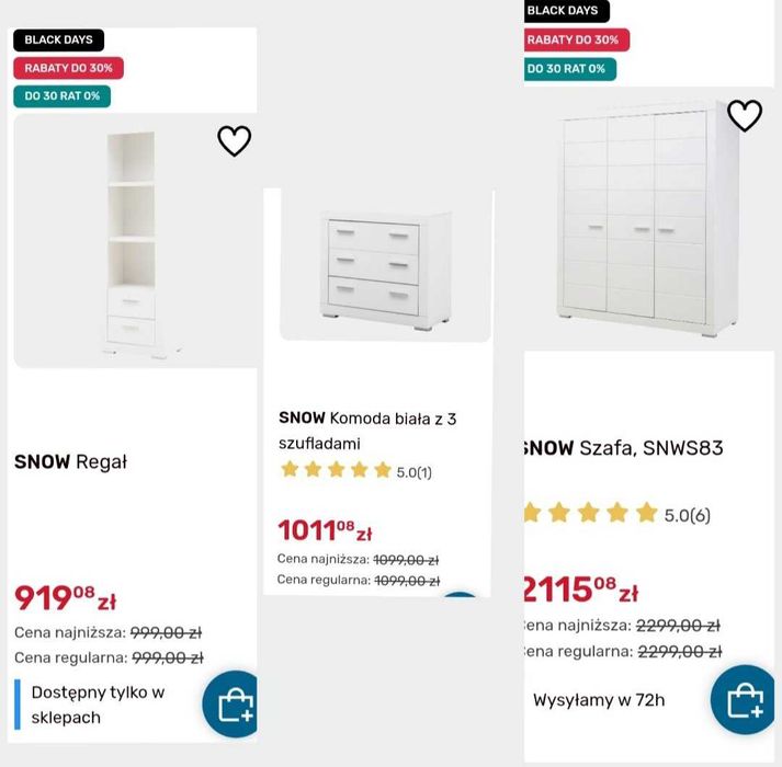 Zestaw białych mebli Snow Szafa + komoda+ regał