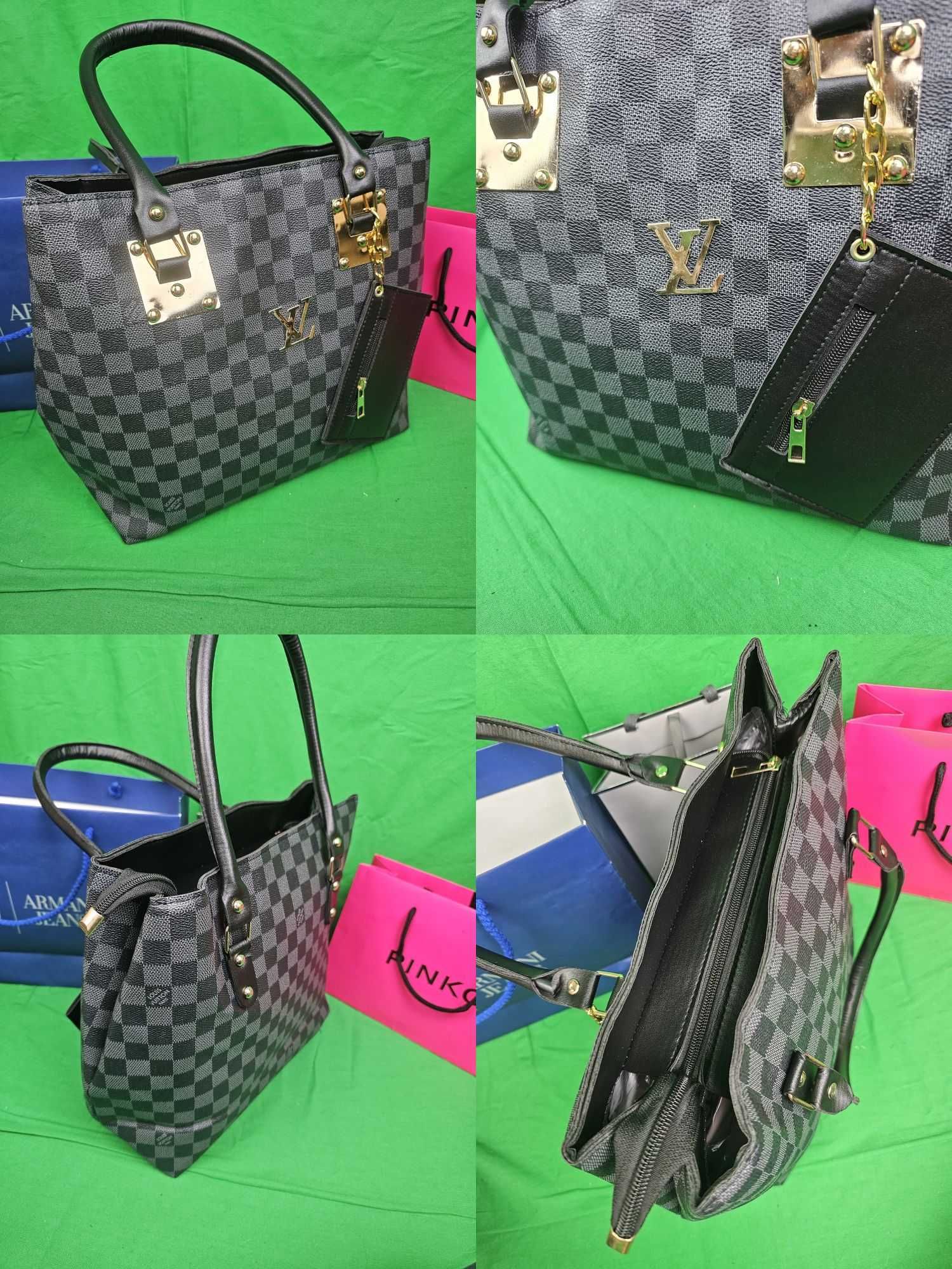 Torba Louis Vuitton torebka logowana czarna kremowa kratka z saszetka