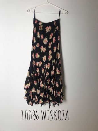 Czarna długa spódnica w róże maxi, perełka vintage