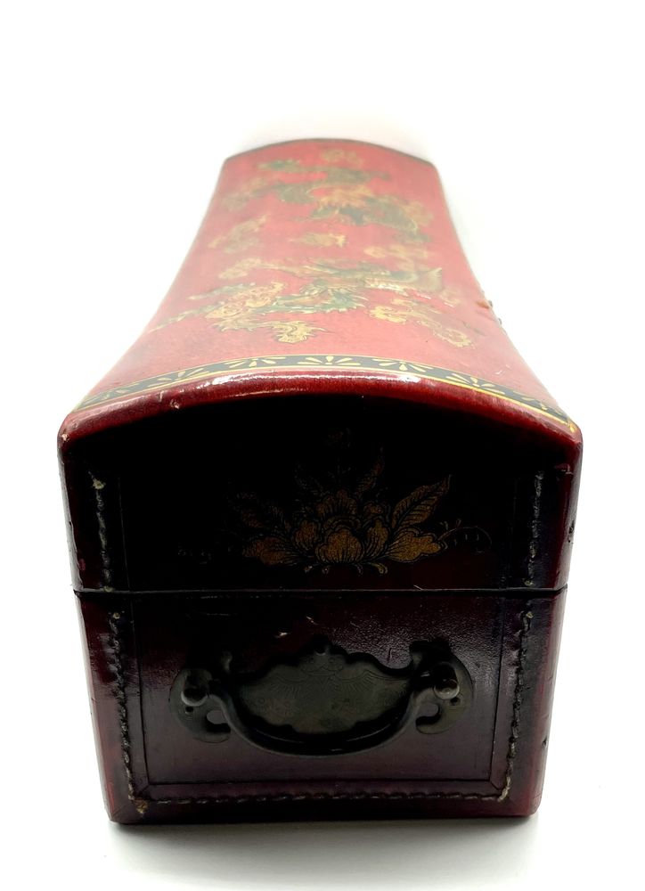 Caixa antiga madeira lacada vermelho, oriental, chinesa