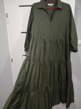 Reserved maxi zielona khaki długa oversize sukienka boho falbany M