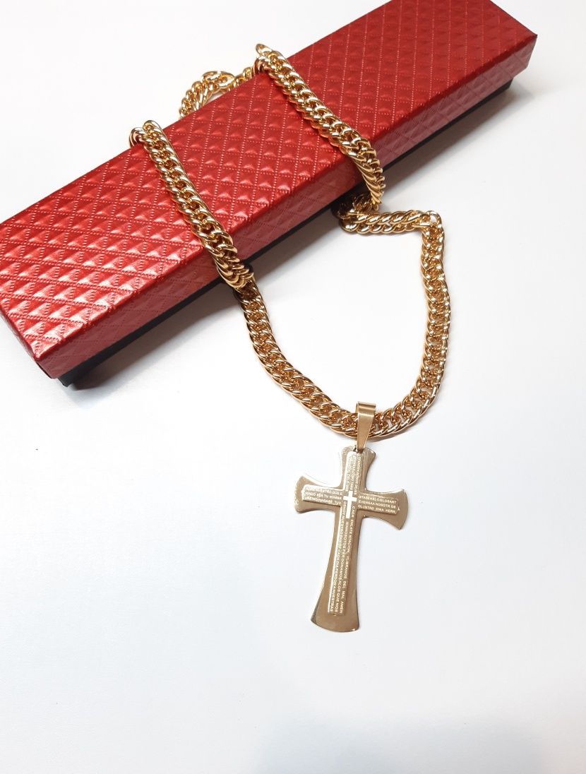 Colar de correntes 55x0,8cm, cor ouro, com cruz