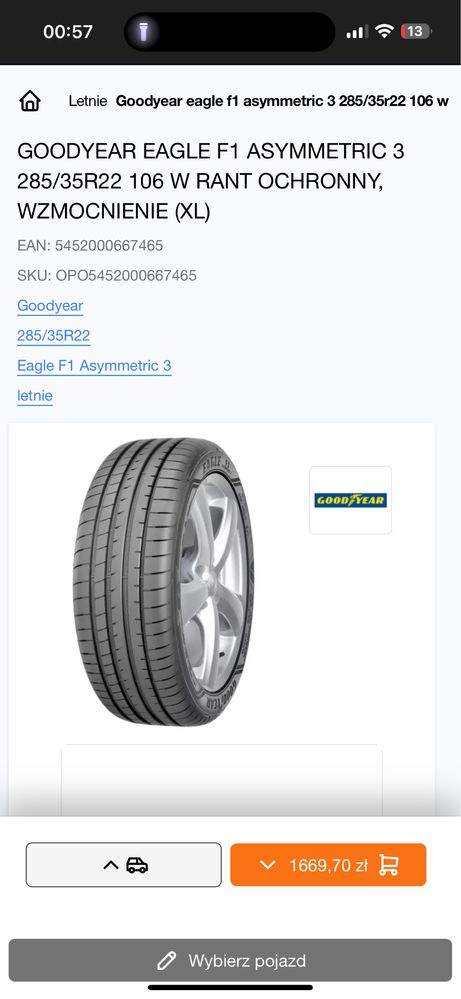 1X NOWE Goodyear Eagle F1 Asymetric 3 TO 285/35 R22 106W XL