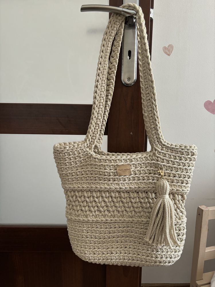 Nowa recznie robiona torebka shopper ze sznurka bawełnianego
