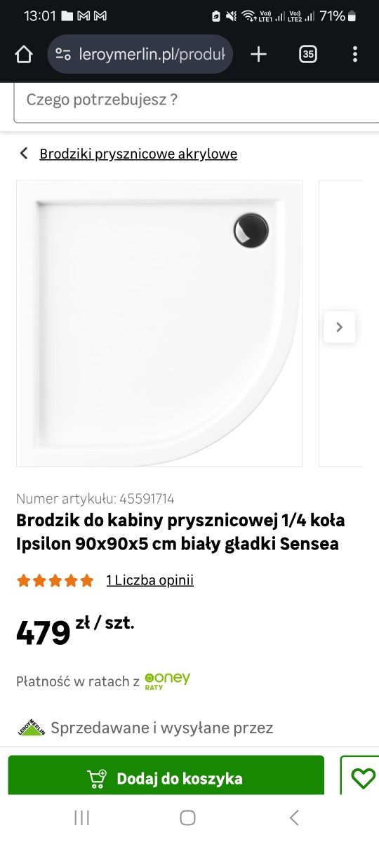 Zestaw: Brodzik 90x90 nowy sensea 1/4 koła plus syfon i nóżki