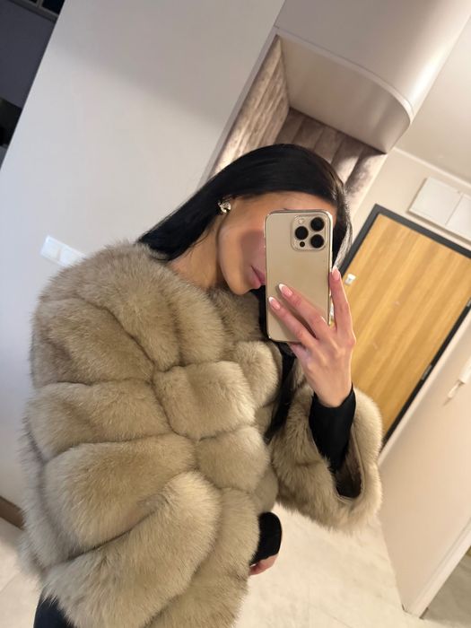 Futro naturalne z lisa NOWE płaszcz kurtka beżowe pikowane M