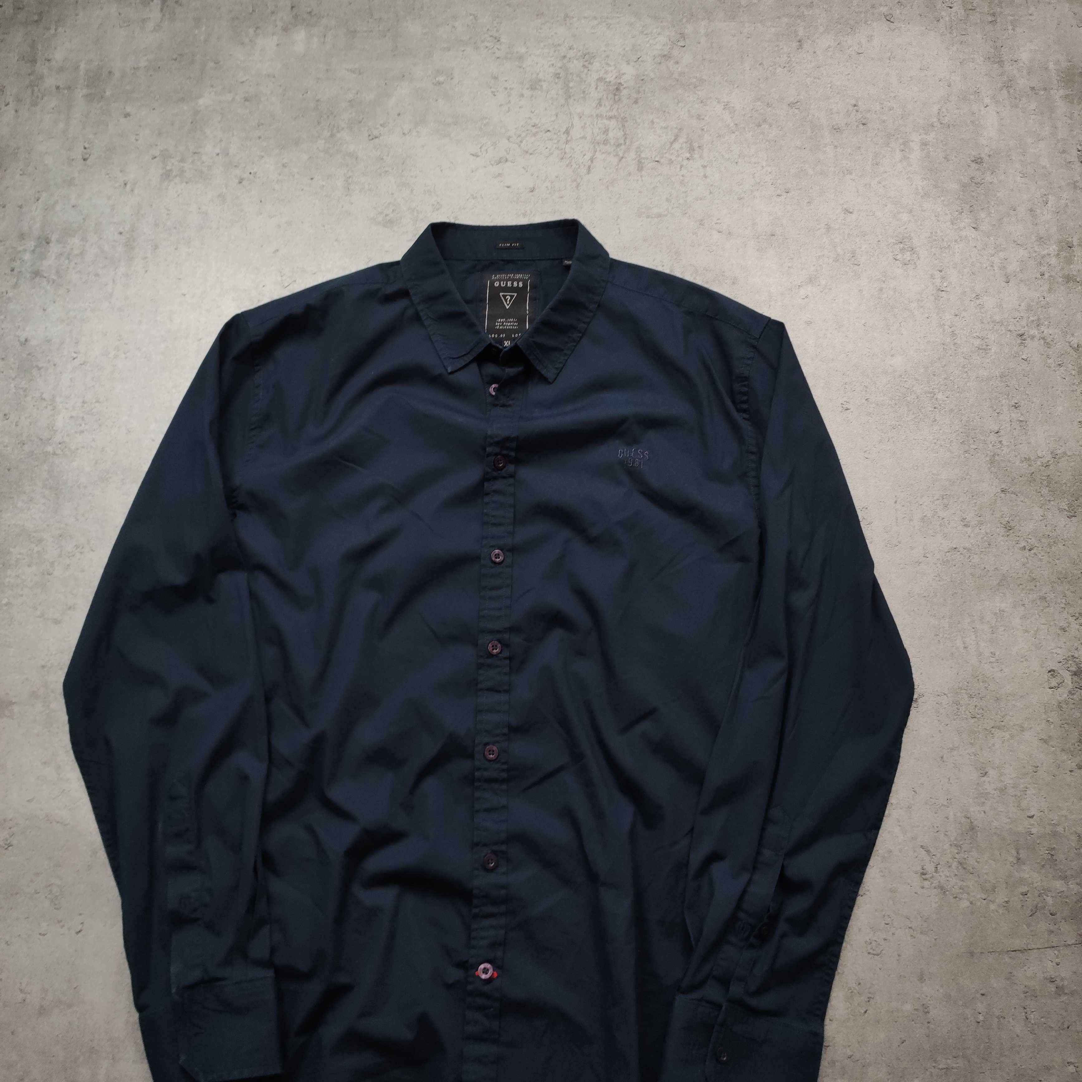 MĘSKA Elegancka Granatowa Koszula PREMIUM Małe Logo Guess USA Bawełna