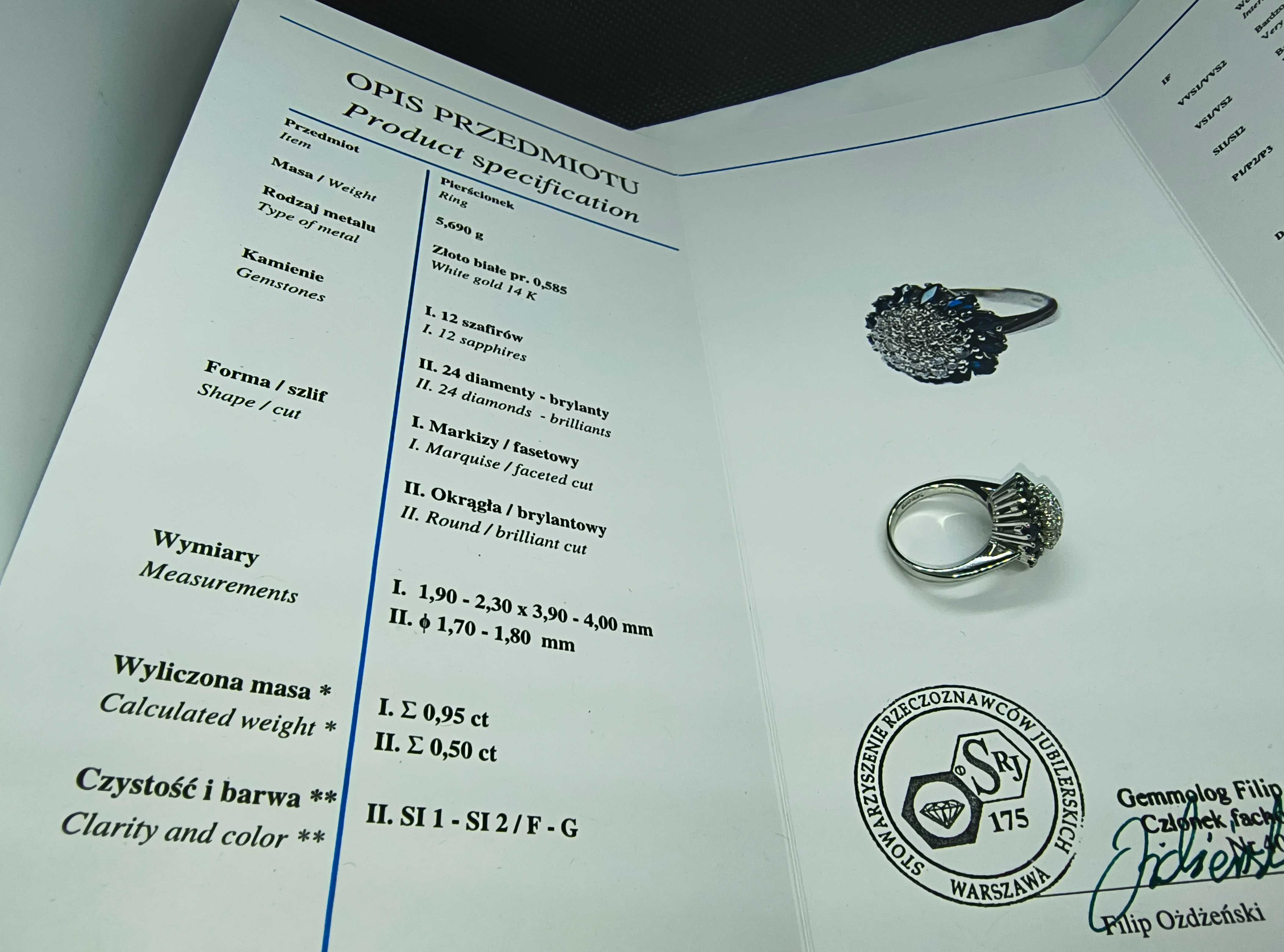 Złoty pierścionek z szafirami i brylantami