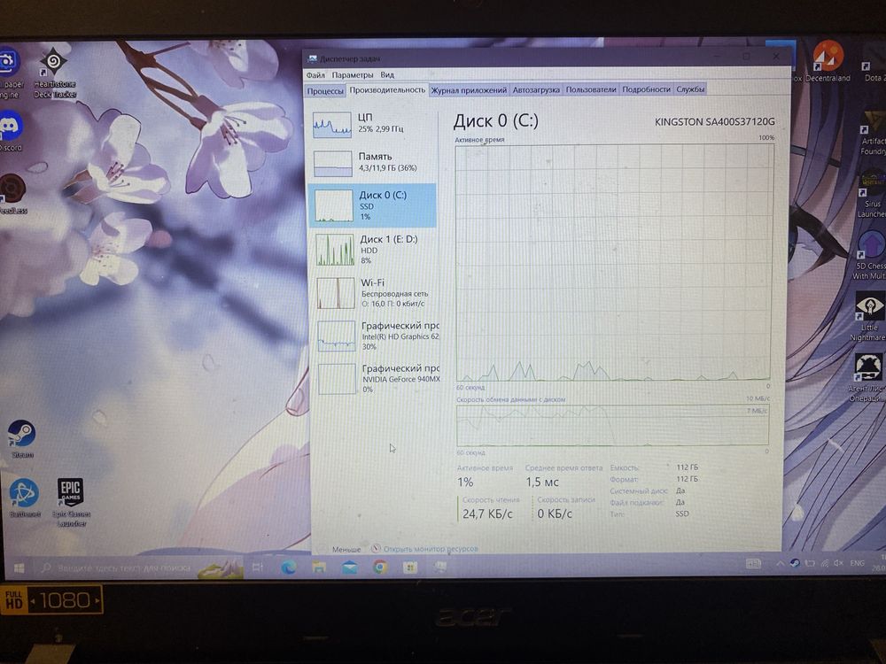 Ноутбук acer aspire f5-573g 128ssd + 1tb hdd