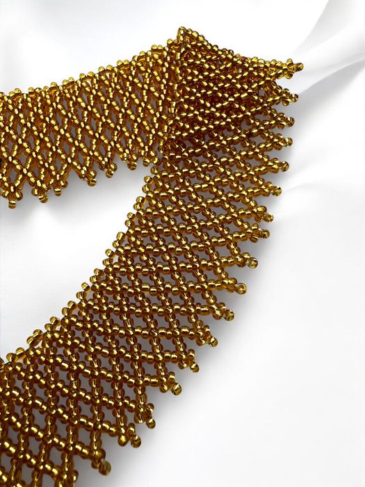 Złota kolia koralikowa – retro naszyjnik rękodzieło w stylu Łemko