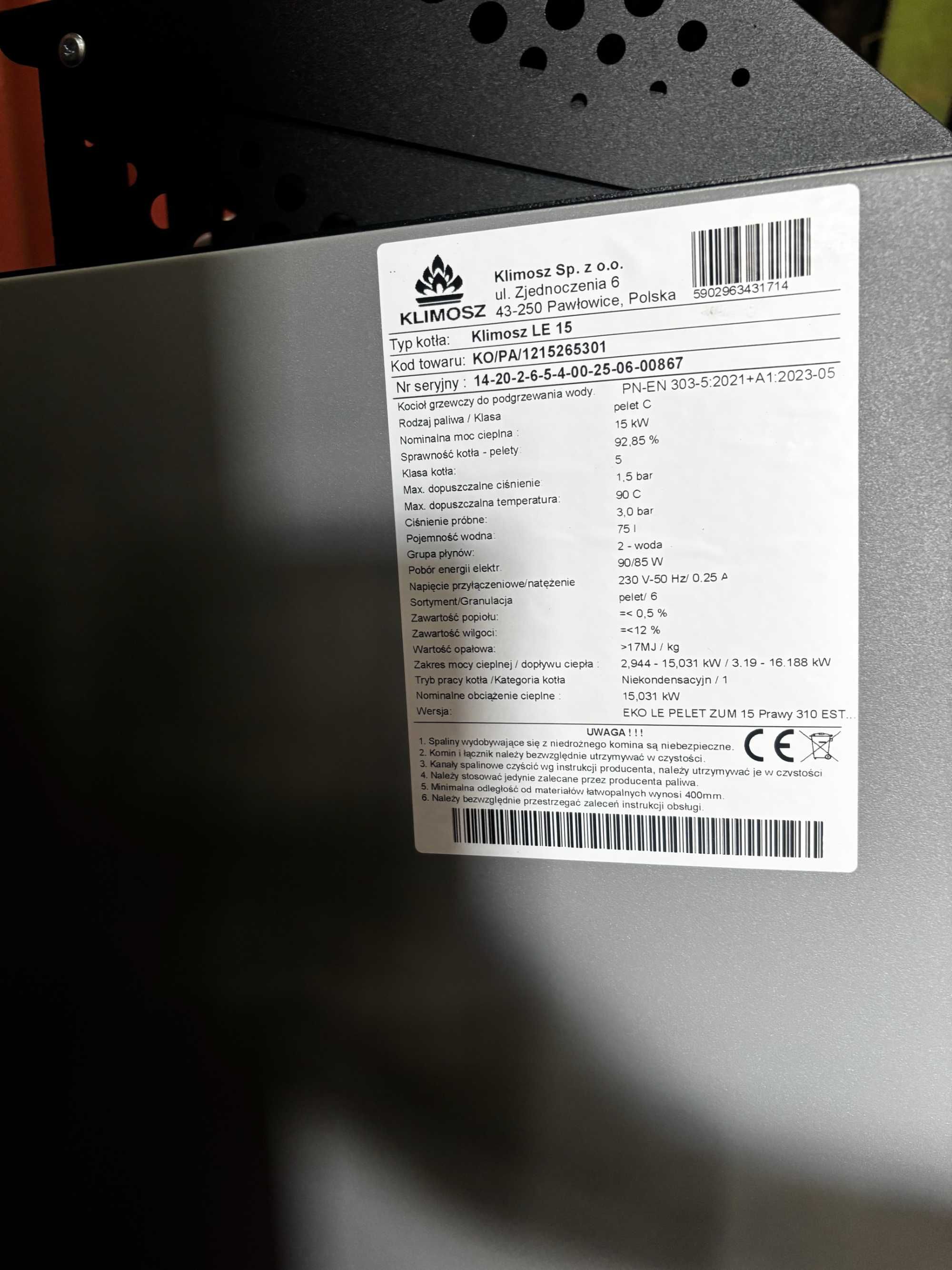 Kocioł Klimosz LE 15 kw Piec na pelet  z rusztem ruszt palnik skiepko